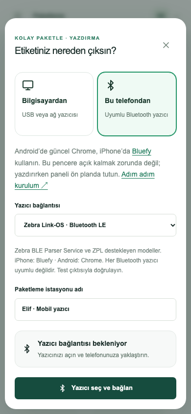 Telefonda bağlantı türü ve paketleme istasyonu adı seçimi