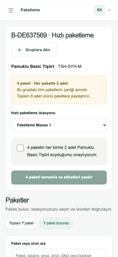 Aynı ürünlü paketlerin adet onayı ve toplu tamamlama ekranı