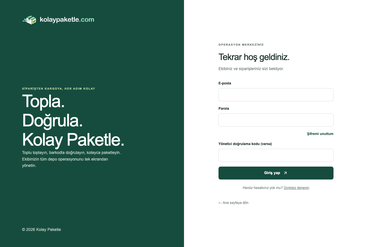 Kolay Paketle giriş ekranındaki e-posta ve parola alanları