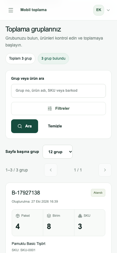 Mobil toplamada arama, grup sayıları, filtreler ve ürün kartları