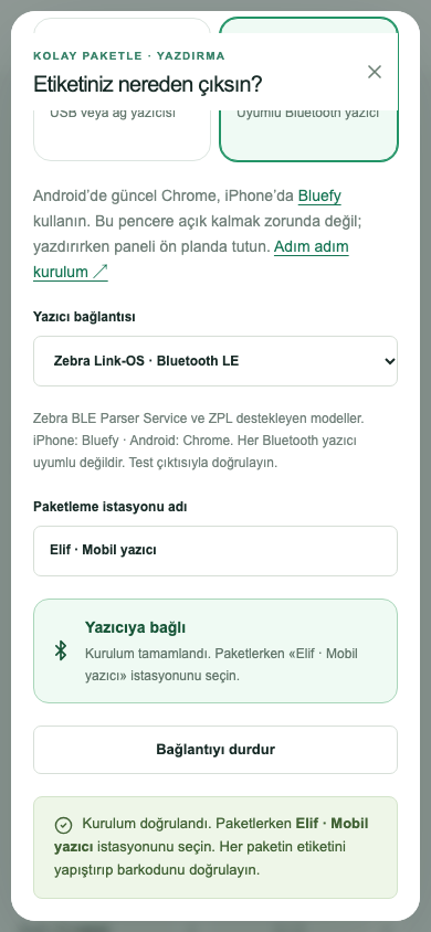 Bluetooth kurulumu tamamlanmış mobil istasyon ekranı