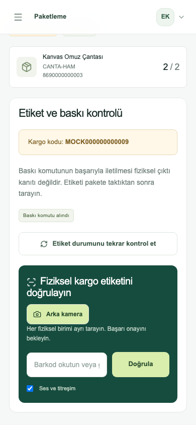 Baskı komutu sonrası kargo barkodunu doğrulama ekranı
