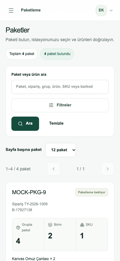 Paketlemede arama, paket sayıları, filtreler ve ürün kartları
