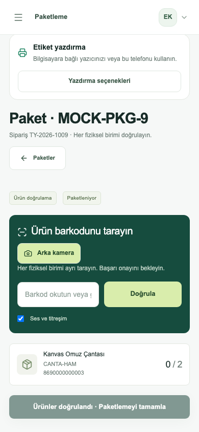 Pakette beklenen ürünler, doğrulanan adetler ve tamamlama düğmesi