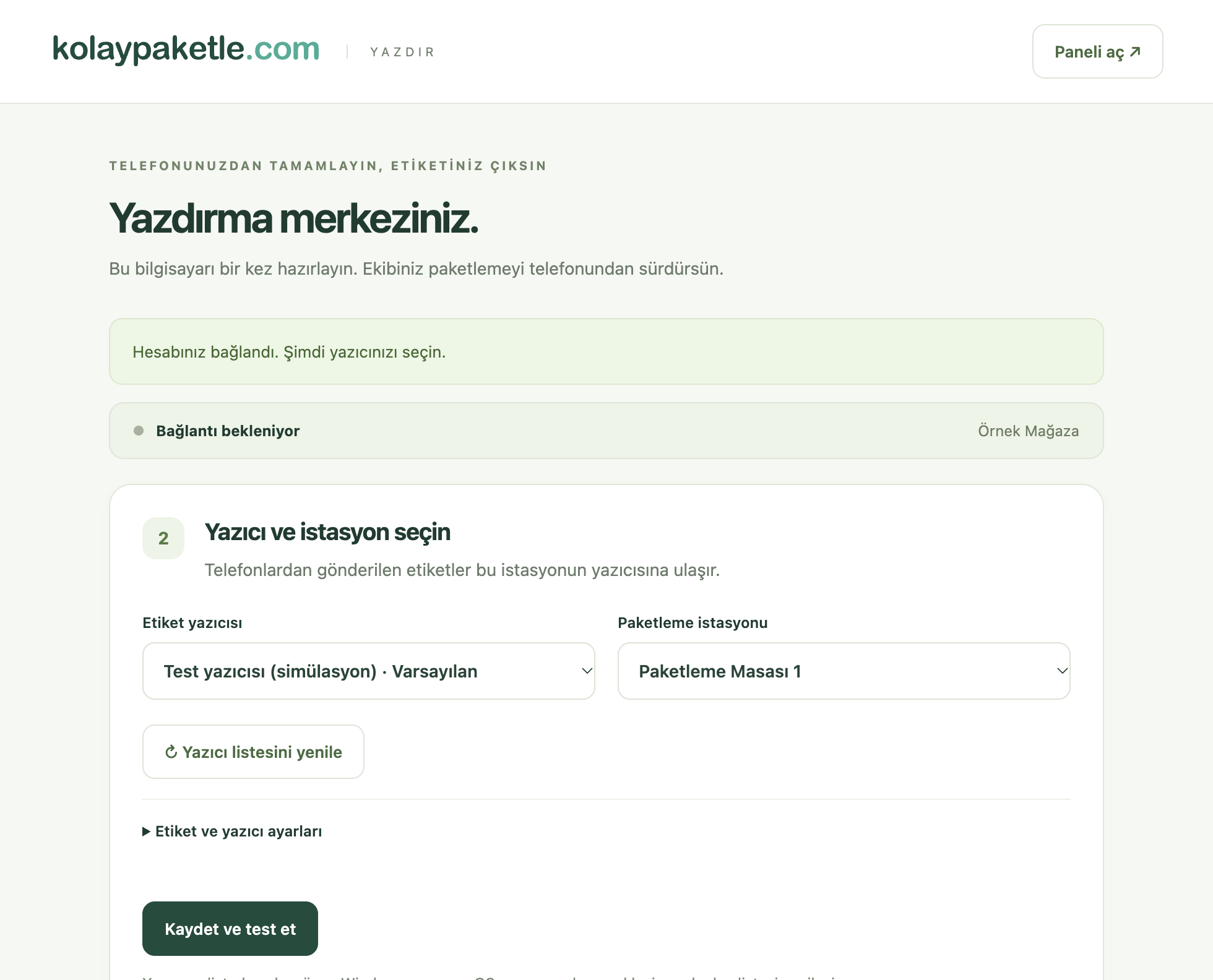 Masaüstü uygulamasında yazıcı ve istasyon seçimi